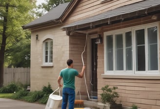 A person in a bright orange uniform and yellow hard hat is power washing the exterior of a structure next to a sidewalk. Large trees with dense green foliage are visible, along with bicycles parked under a canopy. The scene appears to be in an urban setting with buildings and construction in the background.