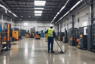 A cleaning cart is positioned in an outdoor area with a concrete building structure in the background. The cart holds a large bucket and cleaning supplies, including a striped cloth and a pink cloth hanging over the handle. A green scrubbing brush is placed on the bottom platform. Surrounding the area are vibrant flower beds with yellow and white flowers, as well as bushes and trees, contributing to a tidy and well-maintained environment.