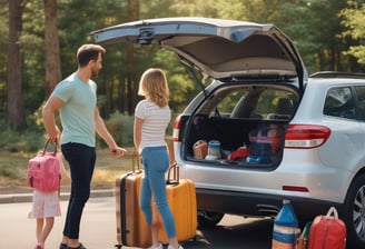 a man and woman standing in front of a car