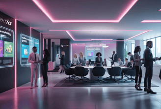 a group of people standing around a table with a tv screen