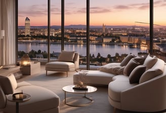 A tall, modern skyscraper with a sleek, geometric design features numerous windows and balconies. The foreground displays a sign advertising luxury penthouse suites with information on sales and rentals. Several small trees and flagpoles are lined up on the terrace, adding a touch of greenery to the urban setting.