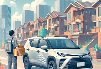 a man is walking to the vehicle with a box