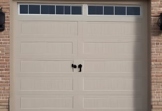 A modern garage door with a dark finish set against a light-colored stucco wall. A traditional-style lamp is mounted on the wall, and a small potted plant is visible on a ledge. The driveway is paved with patterned stone.