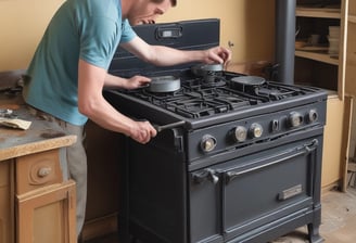 A person wearing red and black gloves is using a screwdriver to work on the underside of a metallic appliance. The appliance is mounted and has visible pipes connected to it. The person's forearm shows a tattoo.