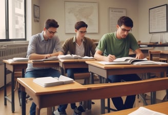 A group of people are in a classroom setting. Some are seated at desks with notebooks and pens, while one person appears to be teaching or giving a presentation. The classroom has a modern design with glass partitions and various electronic equipment, such as a tripod and a ring light.