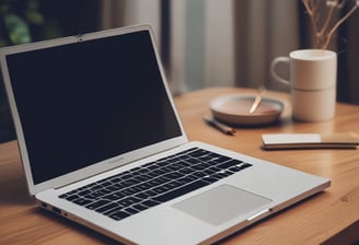 a laptop computer sitting on a table with a vase of flowers