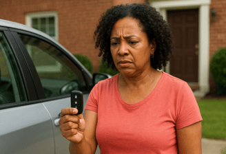 Woman holding unresponsive car key fob, who needs a locksmith to program a new car key fob.
