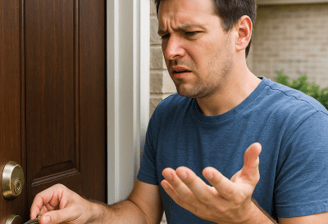 Frustrated homeowner holding a key at a locked front door, needing locksmith lockout help.