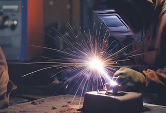 A person is welding a metal surface while wearing a protective welding helmet and glove. Bright sparks and faint smoke are visible as the welding rod makes contact with the metal.