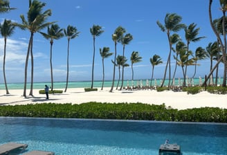 Beach with palm trees and white sand beach and pool