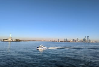 New York City skyline and Statue of Liberty from the harbor