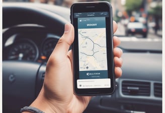 A hand holding a smartphone displaying the Uber logo on its screen. The background appears softly blurred, providing a contrast to the sharp focus on the phone. The hand is wearing a long-sleeved, checkered shirt.