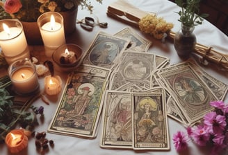 A collection of Tarot cards is scattered across a surface, displaying a variety of illustrations and symbolism. Some cards are upright, while others are upside down, featuring figures such as 'The Hanged Man,' 'The Sun,' 'The Fool,' and 'The Devil.' The cards are colorful and intricately designed, often depicting medieval or mythical scenes with characters, animals, and symbolic objects.