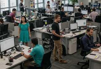 A busy office running smoothly with technology solutions.