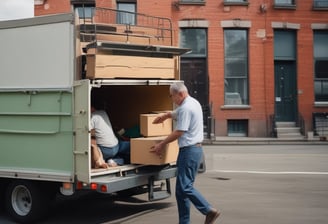 A large moving truck is parked on a residential street with its back doors open and a ramp leading down to the sidewalk. Boxes and furniture can be seen inside the truck, and a person is partially visible inside, seemingly organizing or unloading items. The surrounding area has lush green trees and grass, suggesting it’s a well-kept neighborhood.