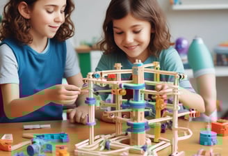 A group of colorful toy robots arranged on a wooden floor, featuring vibrant colors and intricate designs. Each robot is made of interlocking pieces in various poses, showcasing imaginative play. The scene captures a dynamic and playful moment, with toys spread out across the floor.