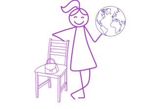 Female stick figure standing next to chair with a purse holding the world