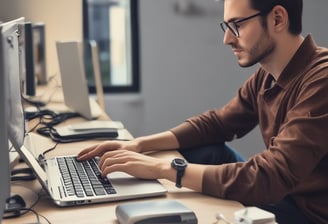 A close-up view of a laptop screen displaying a project management tool with columns labeled 'Open', 'In Progress', and 'Review'. Tasks are listed under each column. The environment appears dimly lit, with a small, leafy plant visible in the background.