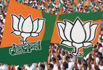 Colorful political banners and flags are displayed in an outdoor setting, featuring campaign slogans and symbols.