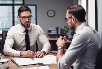 A professional consultation setting with a medical professional sitting at a desk facing a client. The room has a modern aesthetic with white walls decorated with framed certificates. The desk is organized with office supplies, a laptop, and a fruit bowl in the center.