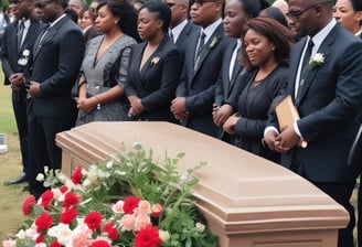 The image depicts a partially covered casket in a burial setting, surrounded by artificial green turf. There is a steel railing in the foreground. Some soil and a few pink and white roses are scattered over the casket.