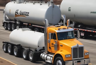 A moving truck with company branding is parked next to an open shipping container on a trailer. Two people are handling items near the container, while a car is parked in the background. The sky is overcast, and the ground appears to be asphalt.