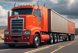 An orange Isuzu truck with a large container on its back is driving on a highway. The truck has signage indicating 'K.B Logistics' and contains decorative elements on the front. The container is mostly blue with white text and appears to be used for transporting goods. The highway is surrounded by greenery, with trees and bushes visible in the background. It's a bright day with clear visibility.