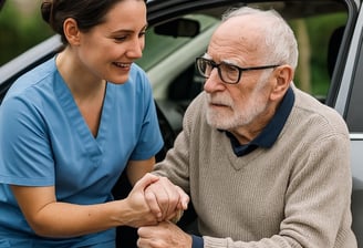 Una operatrice sanitaria aiuta a un anziano a scendere della macchina con cura e gentilezza 