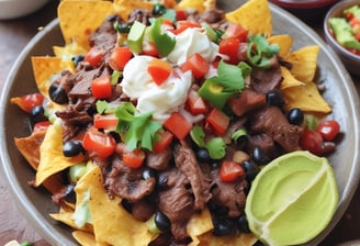 A plate of Mexican food on a red table. The dish includes grilled onions, beef, a serving of cheese, corn tortillas, and a cactus paddle. A bowl of red salsa with onions is placed nearby, and various condiments including sauces and napkins are on the table.