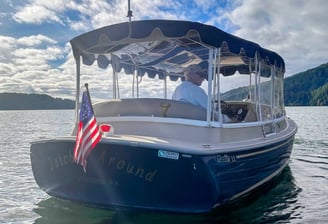 an eco-friendly boat with a flag on it in the water
