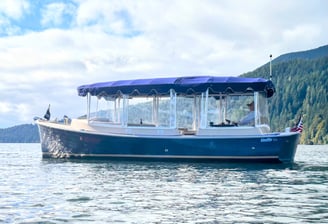 an eco-friendly boat with a blue canopy over it on Quilcene Bay