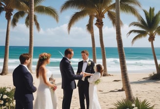 A man in formal attire is solemnizing the marriage of a couple on a beach with palm trees.
