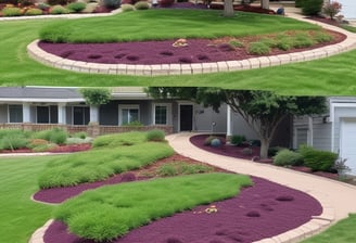 Sprinklers lightly spray water over a lush green lawn bordered by hostas and a mulched garden bed. Sunlight filters through the dense foliage of surrounding trees, creating a serene, natural setting.