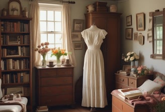 A vintage-themed clothing and decor shop interior with wooden floors and white walls. Clothing is neatly arranged on racks, featuring a mix of shirts, jackets, and hats. The store is decorated with potted plants, including cacti, and various retro items such as posters and signage. There are shelves displaying small potted plants and wooden crates filled with merchandise. A mannequin wearing a vintage t-shirt and sneakers sits on a wooden box.