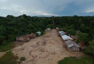 a group of people standing around a group of houses