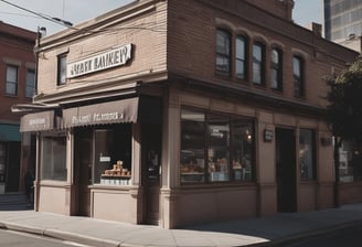 A quaint bakery with a traditional French façade occupies a street corner in a bustling city. People are walking by, and some are standing near the bakery, one person seated on a bench outside. The bakery window displays a variety of baked goods. Bicycles are parked nearby, and there's a small bird on the pavement, adding liveliness to the scene.