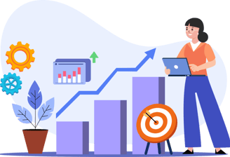 Illustration of a woman with a laptop analyzing a growth chart with bar graphs, gears, and a target