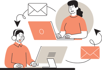 Illustration of customer support interaction, featuring a person wearing a headset at a computer