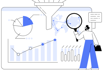 Illustration of data analysis and funneling process, featuring a person examining charts and graphs