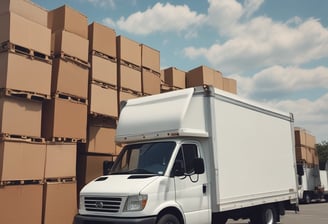 A black truck parked in an industrial area is loaded with large metal cabinets and a roll of white material. The truck's bed is wooden and surrounded by various parked vehicles in a warehouse environment.