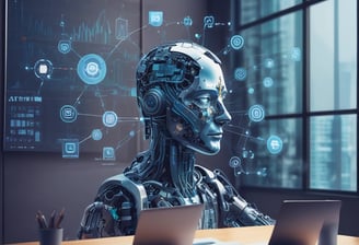 A futuristic and digital-themed image features a stylized circuit board with the words 'Open AI' in bold, glowing letters. Above it is a design that resembles an AI or robot face with neon accents. The background consists of a network of interconnected blue lines and nodes, suggesting themes of technology and connectivity.