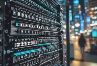 A dimly lit server rack filled with network equipment. Multiple colored cables, predominantly red, blue, and black, are neatly organized and connected to various devices such as switches and routers. Small LED lights on the equipment indicate active connections.