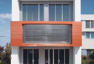 A row of closed doors with frosted glass panels set in a weathered blue frame. The doors are evenly spaced along the front of a building, with two red doors on either end. One of the central panels is covered with a piece of plywood.