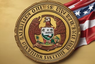 A golden sign with the emblem of a seated figure holding a staff, surrounded by detailed engravings and the words 'REPUBLIC FRANCAISE' and 'NOTAIRE'. The sign is attached to a building with ornate architectural details visible in the background.