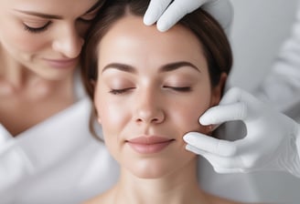A person is lying on a massage table, covered with a dark towel, receiving a face massage. The massage therapist's hands are gently pressing on the person's forehead and eyes. The environment appears calm and relaxing.