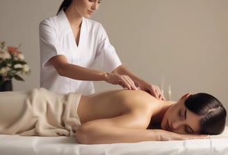 A person is lying on a massage table, covered with a dark towel, receiving a face massage. The massage therapist's hands are gently pressing on the person's forehead and eyes. The environment appears calm and relaxing.