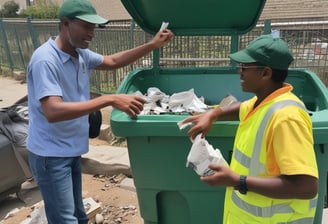 A man in an orange and green uniform stands amidst a pile of plant debris and waste, suggesting a waste management or recycling activity. Large industrial buildings and palm trees are visible in the background.