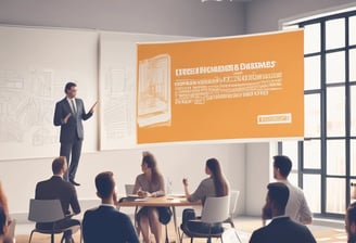 A group of people is engaged in a training session in a conference room setting. A presenter is standing and holding a sheet of paper, addressing the group seated at a round table. The attendees are actively listening, and there's a banner in the background advertising UX training. The room is well-lit, with a flipchart visible at one side.