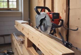A rustic woodworking shop featuring a wooden workbench cluttered with various hand tools, such as saws, hammers, and chisels. The stone wall in the background provides an aged, historical feel. Wooden sticks and a woven bamboo panel provide a makeshift barricade at the forefront.