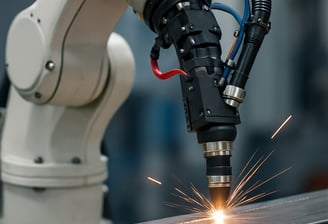 a robot with a welding torch in a machine